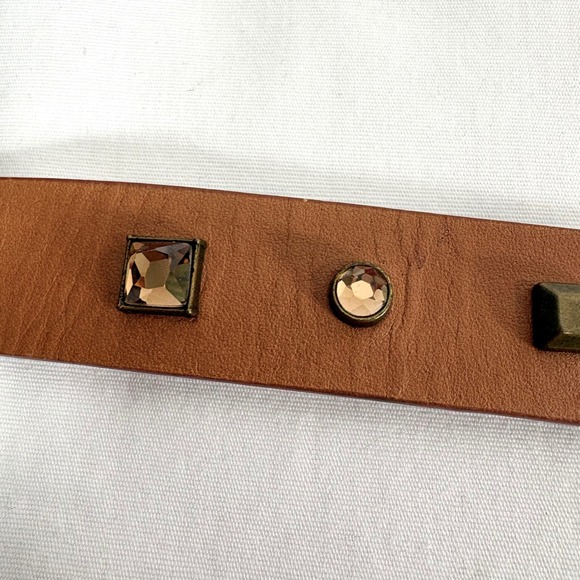 J. Crew Studded Jeweled Brown Leather Belt Brass Buckle Women Size L Glam Boho - Picture 5 of 7